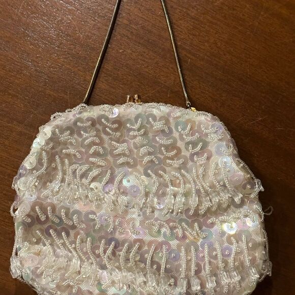 Vintage white purse, small beaded hand made, 80s vintage, wedding